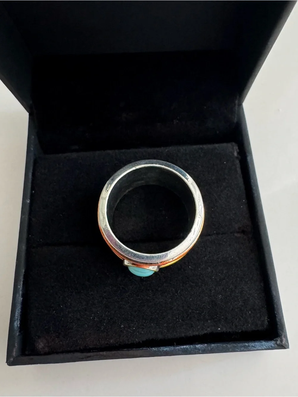 Turquoise Accent Wide Silver Band Ring with Colorful Wire Detailing